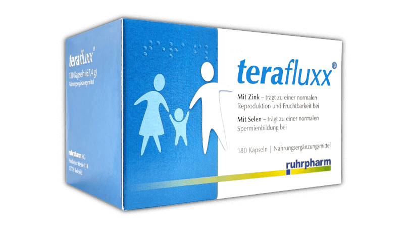 Packung terafluxx Nahrungsergänzungsmittel für die männliche Fruchtbarkeit