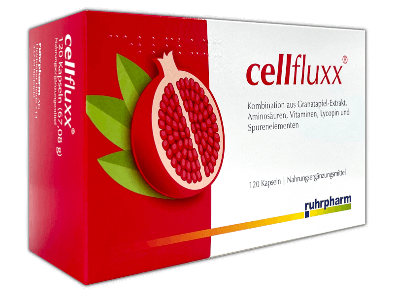 Packung Nahrungsergänzungsmittel cellfluxx Vitalstoffe für den Zellschutz
